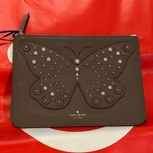 kate spade brown butterfly studded wristlet pouch 10” x 7.5”